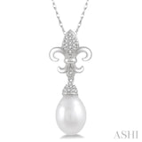 1/10 Ctw 9x7 MM White Cultured Pearl & Round Cut Diamond Fleur De Lis Pendant in 10K White Gold