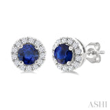 3.25 MM Round Sapphire and 1/10 Ctw Single Cut Diamond Halo Precious Stud Earrings in 14K White Gold