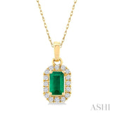 5x3 MM Octagonal Shape Emerald and 1/20 Ctw Single Cut Diamond Halo Precious Pendant with Chain in 10K Yellow Gold