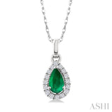 5x3 MM Pear Shape Emerald and 1/20 Ctw Single Cut Diamond Halo Precious Pendant with Chain in 10K White Gold