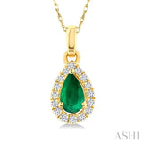 5x3 MM Pear Shape Emerald and 1/20 Ctw Single Cut Diamond Halo Precious Pendant with Chain in 10K Yellow Gold