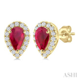 5x3 MM Pear Shape Ruby and 1/8 Ctw Single Cut Diamond Halo Precious Stud Earrings in 10K Yellow Gold