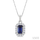 5x3 MM Octagonal Shape Sapphire and 1/20 Ctw Single Cut Diamond Halo Precious Pendant with Chain in 10K White Gold