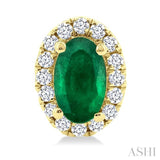 5x3 MM Oval Shape Emerald and 1/8 Ctw Single Cut Diamond Halo Precious Stud Earrings in 10K Yellow Gold
