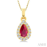 5x3 MM Pear Shape Ruby and 1/20 Ctw Single Cut Diamond Halo Precious Pendant with Chain in 14K Yellow Gold