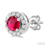 3.25 MM Round Ruby and 1/10 Ctw Single Cut Diamond Halo Precious Stud Earrings in 10K White Gold