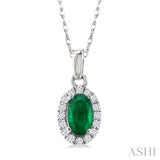 5x3 MM Oval Shape Emerald and 1/20 Ctw Single Cut Diamond Halo Precious Pendant with Chain in 14K White Gold
