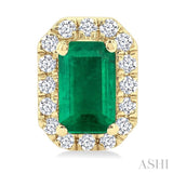 5x3 MM Octagonal Shape Emerald and 1/8 Ctw Single Cut Diamond Halo Precious Stud Earrings in 14K Yellow Gold