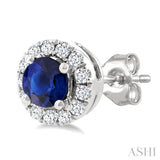 3.25 MM Round Sapphire and 1/10 Ctw Single Cut Diamond Halo Precious Stud Earrings in 10K White Gold