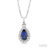 5x3 MM Pear Shape Sapphire and 1/20 Ctw Single Cut Diamond Halo Precious Pendant with Chain in 10K White Gold