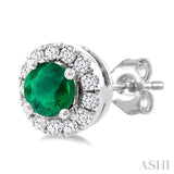 3.25 MM Round Emerald and 1/10 Ctw Single Cut Diamond Halo Precious Stud Earrings in 10K White Gold