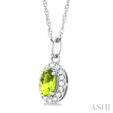 5x3 MM Oval Shape Peridot and 1/20 Ctw Single Cut Diamond Halo Semi-Precious Pendant with Chain in 10K White Gold