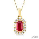 5x3 MM Octagonal Shape Ruby and 1/20 Ctw Single Cut Diamond Halo Precious Pendant with Chain in 10K Yellow Gold