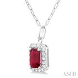 6x4 MM Octagonal Shape Ruby and 1/6 Ctw Round Cut Diamond Halo Precious Pendant with Chain in 10K White Gold