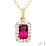 6x4 MM Octagonal Shape Pink Tourmaline and 1/6 Ctw Round Cut Diamond Halo Semi-Precious Pendant with Chain in 10K Yellow Gold