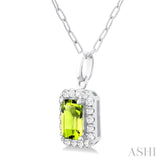6x4 MM Octagonal Shape Peridot and 1/6 Ctw Round Cut Diamond Halo Semi-Precious Pendant with Chain in 14K White Gold