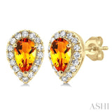 5x3 MM Pear Shape Citrine and 1/8 Ctw Single Cut Diamond Halo Semi-Precious Stud Earrings in 10K Yellow Gold
