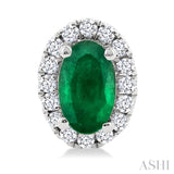 5x3 MM Oval Shape Emerald and 1/8 Ctw Single Cut Diamond Halo Precious Stud Earrings in 10K White Gold
