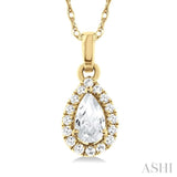 5x3 MM Pear Shape White Topaz and 1/20 Ctw Single Cut Diamond Halo Semi-Precious Pendant with Chain in 14K Yellow Gold