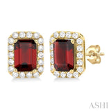 6x4 MM Octagonal Shape Garnet and 1/4 Ctw Round Cut Diamond Halo Semi-Precious Stud Earrings in 10K Yellow Gold
