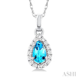 5x3 MM Pear Shape Blue Topaz and 1/20 Ctw Single Cut Diamond Halo Semi-Precious Pendant with Chain in 14K White Gold