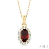 5x3 MM Oval Shape Garnet and 1/20 Ctw Single Cut Diamond Halo Semi-Precious Pendant with Chain in 10K Yellow Gold