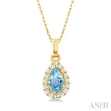 5x3 MM Pear Shape Aquamarine and 1/20 Ctw Single Cut Diamond Halo Semi-Precious Pendant with Chain in 14K Yellow Gold