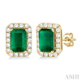 6x4 MM Octagonal Shape Emerald and 1/4 Ctw Round Cut Diamond Halo Precious Stud Earrings in 10K Yellow Gold