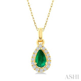 5x3 MM Pear Shape Emerald and 1/20 Ctw Single Cut Diamond Halo Precious Pendant with Chain in 14K Yellow Gold