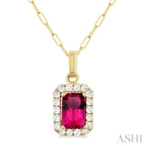 6x4 MM Octagonal Shape Pink Tourmaline and 1/6 Ctw Round Cut Diamond Halo Semi-Precious Pendant with Chain in 14K Yellow Gold