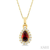 5x3 MM Pear Shape Garnet and 1/20 Ctw Single Cut Diamond Halo Semi-Precious Pendant with Chain in 10K Yellow Gold