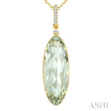 22X8 MM Oval Shape Green Amethyst and 1/20 Ctw Round Cut Diamond Semi-Precious Pendant With Chain in 14K Yellow Gold