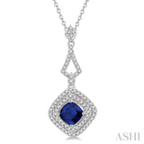 5X5 MM Cushion Shape Sapphire and 1/5 Ctw Round Cut Diamond Precious Pendant With Chain in 14K White Gold