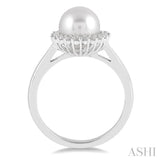 8X8 MM Round Shape Cultured Pearl and 1/5 Ctw Round Cut Diamond Ring in 14K White Gold