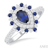 3/8 ctw Floral 6X4 MM Pear & 1.5 MM Round Cut Sapphire and Round Cut Diamond Precious Ring in 14K White Gold