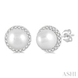 5.5 MM Round Shape Cultured Pearls and 1/8 Ctw Petite Round Cut Diamond Halo Fashion Stud Earrings in 10K White Gold