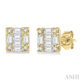 1/6 Ctw Square Shape Baguette and Round Cut Diamond Petite Fashion Earrings in 10K Yellow Gold.