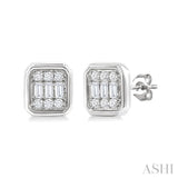 1/5 Ctw Petite Bezel Set Emerald Shape Fusion Baguette and Round Cut Diamond Fashion Stud Earrings in 10K White Gold