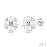 3 MM Floral Round Shape Cultured Pearl and 1/20 Ctw Round Cut Diamond Fashion Stud Earrings in 10K White Gold