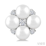 3 MM Floral Round Shape Cultured Pearl and 1/20 Ctw Round Cut Diamond Fashion Stud Earrings in 10K White Gold