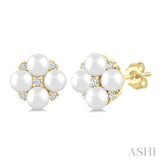 3 MM Floral Round Shape Cultured Pearl and 1/20 Ctw Round Cut Diamond Fashion Stud Earrings in 10K Yellow Gold