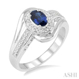 6x4 MM Oval Cut Sapphire and 1/50 Ctw Round Cut Diamond Ring in Sterling Silver