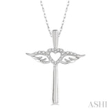 1/10 ctw Angel Wing & Heart Round Cut Diamond Cross Pendant With Chain in 10K White Gold
